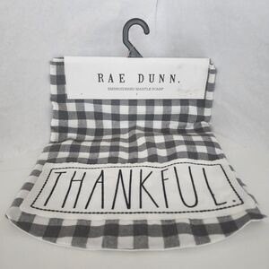 Rae Dunn Embroidered Mantle Scarf Thankful Gray Buffalo Check Plaid New